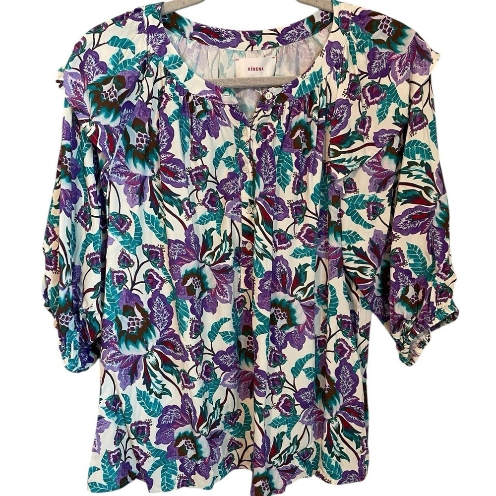 Xirena Size S Jacobean Floral Top White Purple Green Puff Sleeve Feminine NWT